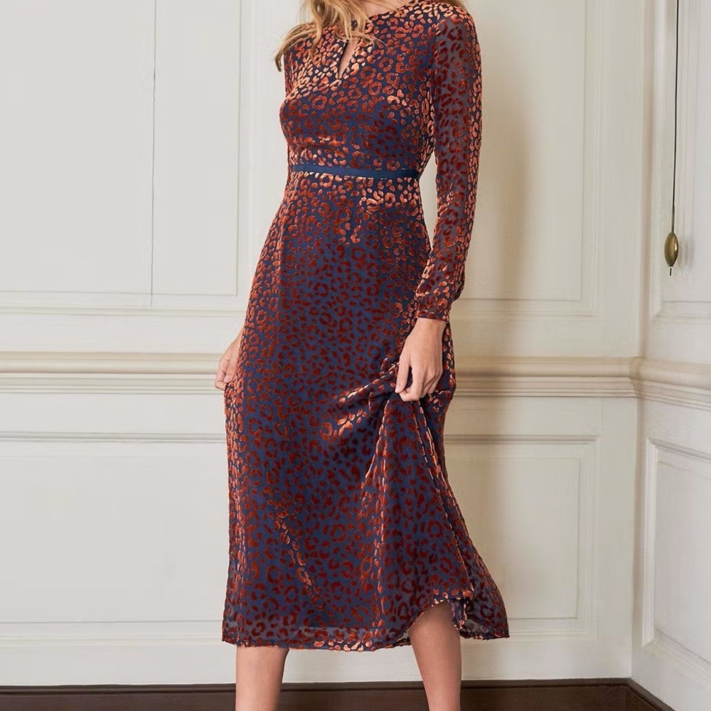 Boden Marie long sleeve midi dress navy blue orange velvet animal print sz 12